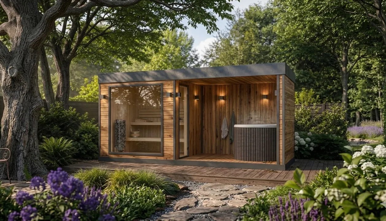 Sauna Eldur – Sauny ogrodowe Sautu Sauna Eldur – sauny ogrodowe Sautu, Kompleksowe rozwiązanie: sauna z zintegrowaną balia do schładzania lub jacuzzi.